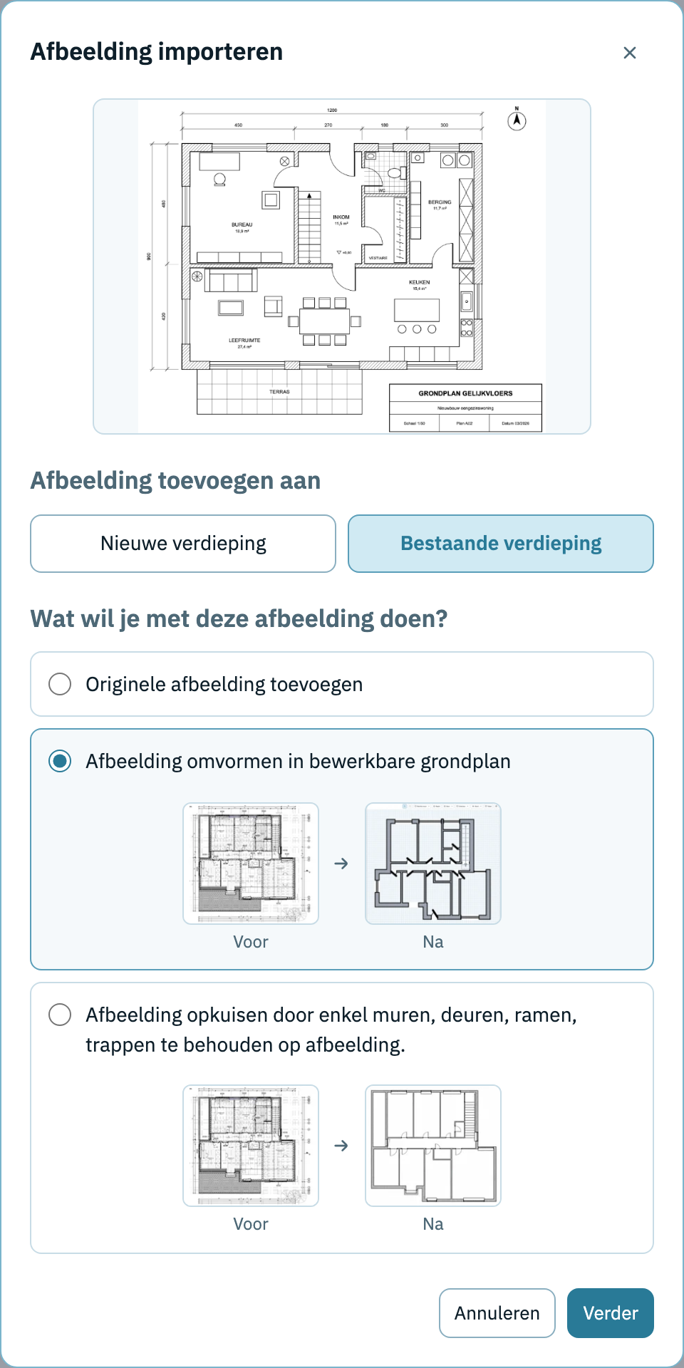 importvenster met de keuze van de verdieping en de keuze om de afbeelding ongewijzigd toe te voegen, om te vormen in een bewerkbaar grondplan of op te kuisen