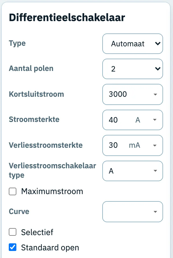 Het instellingenpaneel van het differentieel: verliesstroomsterkte 30 mA, type A, 2 polen, stroomsterkte 40 A.