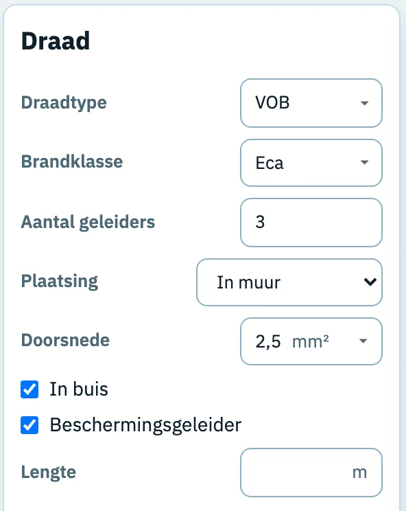 Het instellingenpaneel Draad van kring F: draadtype VOB, brandklasse Eca, 3 geleiders, plaatsing in muur, doorsnede 2,5 mm², in buis en beschermingsgeleider aangevinkt.