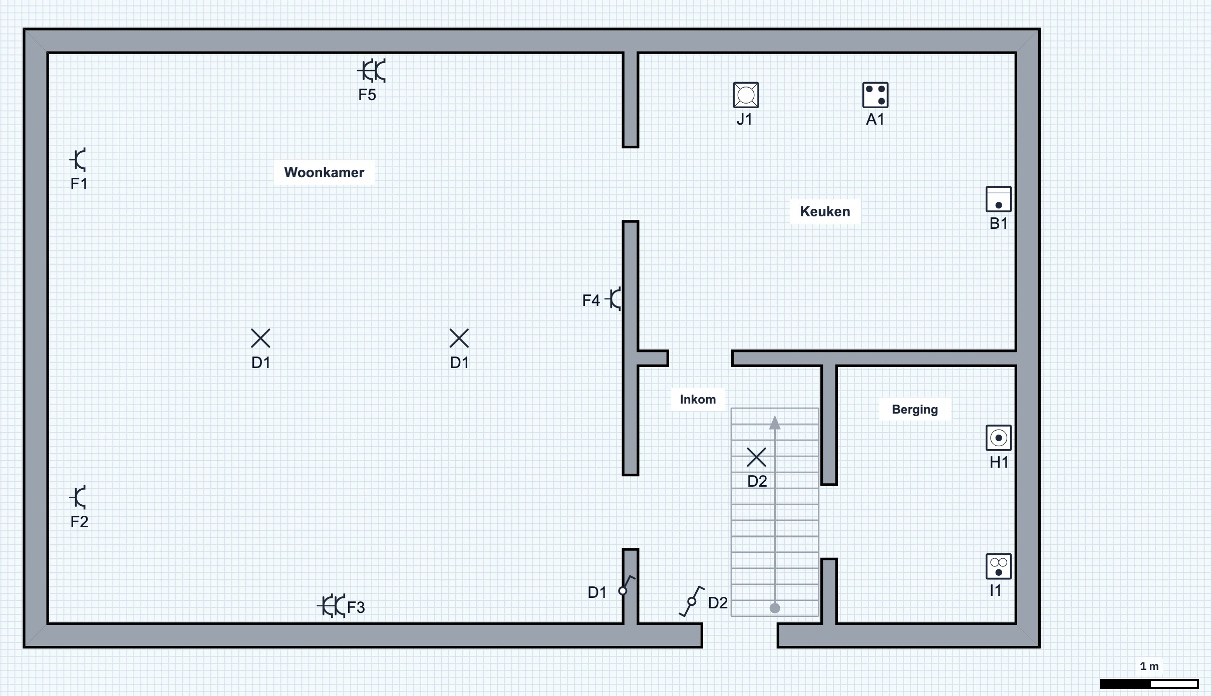 Situatieplan van het gelijkvloers: woonkamer met lampen D1 en stopcontacten F1 tot F5, keuken met vaatwasser J1, kookplaat A1 en oven B1, inkom met trap en lamp D2, berging met wasmachine H1 en droogkast I1.