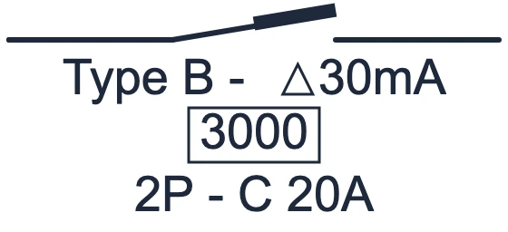 Symbool Differentieelschakelaar type B 2-polig in een eendraadschema